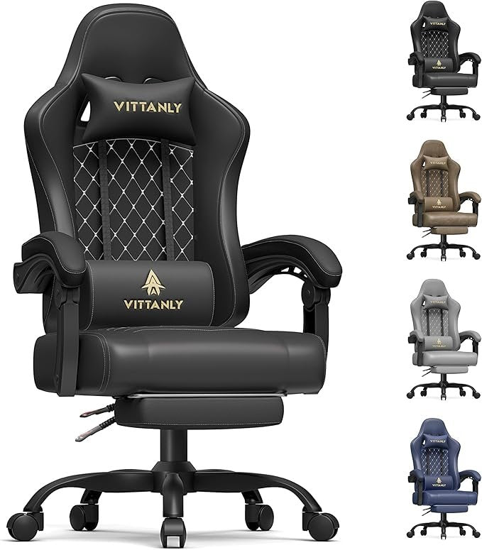 Vittanly Chaise gaming ergonomique – Assise à ressorts, appuie-tête, coussin lombaire, repose-pieds, hauteur réglable, charge 150 kg, noire