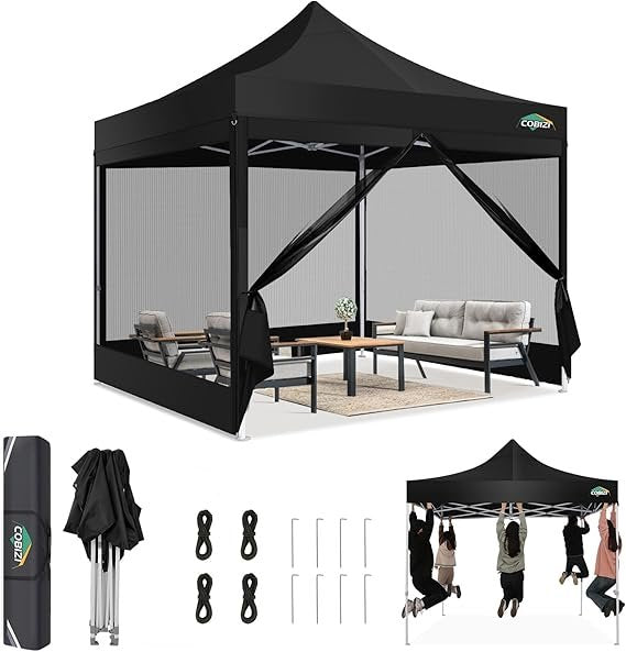 COBIZI Tonnelle pliante 3 × 3 m – Gazebo pop-up étanche et stable avec protection UV, parois en moustiquaire et sac de transport, noir