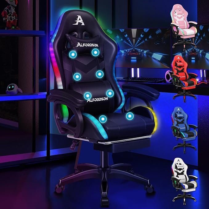 ALFORDSON Chaise gaming Racing ergonomique RGB LED – Massage, repose-pieds, dossier 90-150°, charge 180 kg, noire