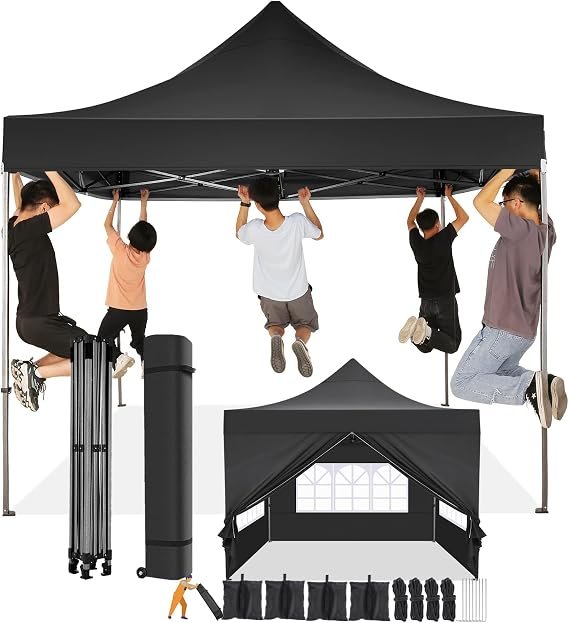 COBIZI Tonnelle pliante 3 × 3 m – Tente pop-up étanche, stable, résistante à l’hiver, protection UV, 4 parois, sac de transport à roulettes, noire