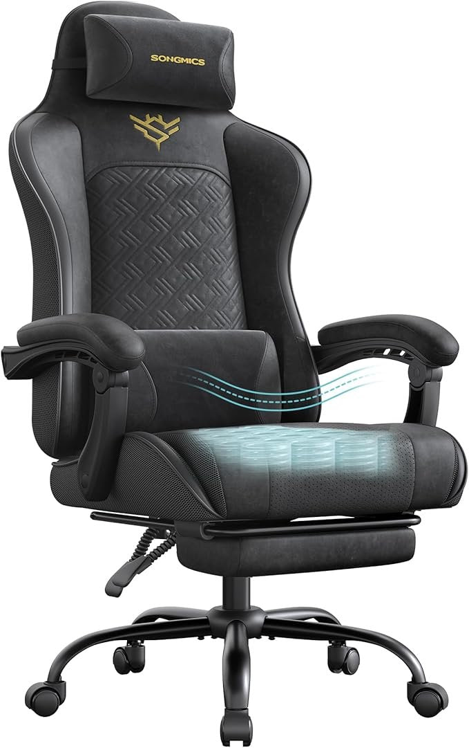 SONGMICS Chaise gaming ergonomique – Assise à ressorts, repose-pieds et accoudoirs synchronisés, Ink Black OBG079B01