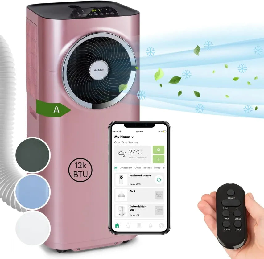 Klarstein Climatiseur mobile 5-en-1 avec tuyau d’évacuation – Ventilateur, déshumidificateur, purificateur d’air, mode nuit, contrôle via application, pour maison et bureau