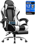 GTPLAYER Chaise gaming ergonomique – Repose-pieds, coussin lombaire massant, rembourrée, pivotante, charge 150 kg, blanche
