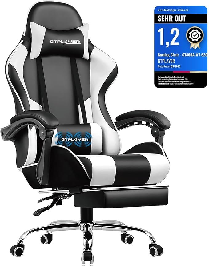 GTPLAYER Chaise gaming ergonomique – Repose-pieds, coussin lombaire massant, rembourrée, pivotante, charge 150 kg, blanche