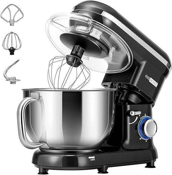 VIVOHOME Robot pâtissier 5,7 L – 1500 W, 10 vitesses, bol inox, fouet, crochet pétrisseur et batteur plat, noir
