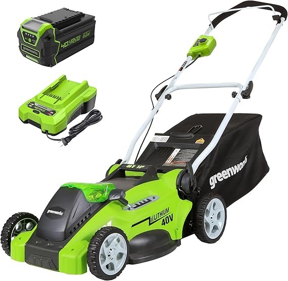 Greenworks Tondeuse sans fil 40 V 16 pouces – Modèle poussé avec batterie 4,0 Ah, démarrage par bouton, autonomie jusqu’à 1/3 acre