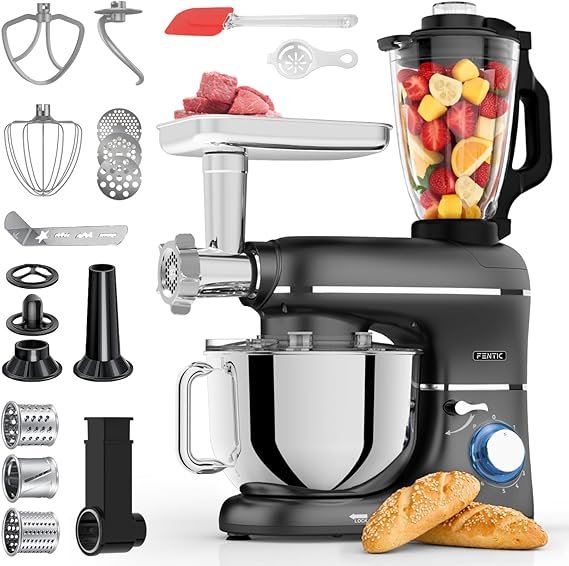 Robot pâtissier multifonction 6-en-1 2000 W – Bol 6,2 L, hachoir 1,5 L, moulin à viande et accessoires, noir