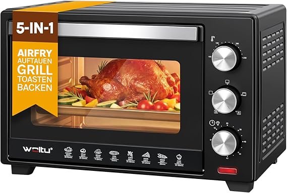 WOLTU Mini-four 28 L – 1600 W, 100-230 °C, 3 modes de chauffe, minuterie 60 min, plaque et grille incluses, noir