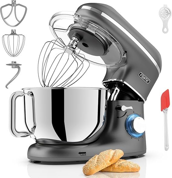 Robot pâtissier 2000 W avec bol inox 6,2 L – Fouet, crochet pétrisseur, batteur plat et accessoires, anthracite