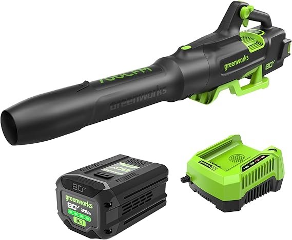 Greenworks Souffleur de feuilles sans fil 80 V, 700 CFM / 170 MPH – Moteur sans balais, mode Turbo, batterie 2,5 Ah et chargeur rapide