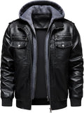 HOOD CREW Veste homme en similicuir avec capuche – Biker vintage style bomber, déperlante et coupe-vent