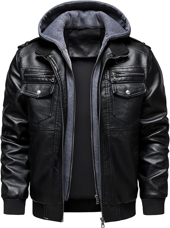 HOOD CREW Veste homme en similicuir avec capuche – Biker vintage style bomber, déperlante et coupe-vent