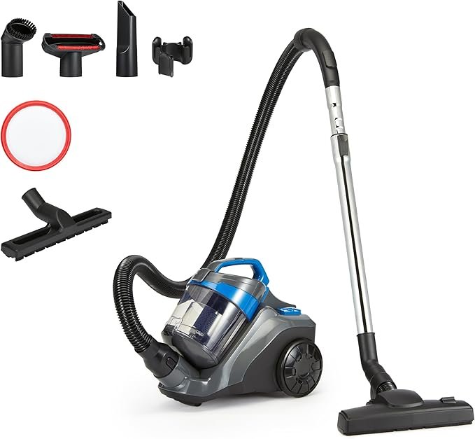 Amazon Basics Aspirateur-traîneau sans sac 850 W – Bac 1,7 L, filtre HEPA, compact et léger, noir/bleu
