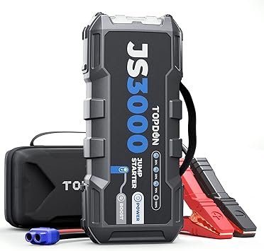 TOPDON JS3000 Batterie d'aide au démarrage Powerbank 3000A – 24 000 mAh Jump Starter pour moteurs essence et diesel jusqu'à 9L/7L, booster de batterie auto, charge rapide USB, lampe torche LED