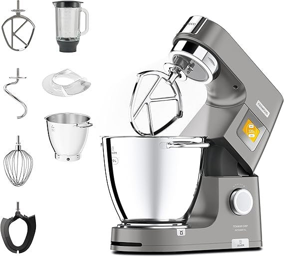 Kenwood Titanium Chef Patissier XL KWL90.034SI – Robot 1400 W avec balance intégrée, 2 bols, batteur K, crochet, fouet et batteur souple, argent