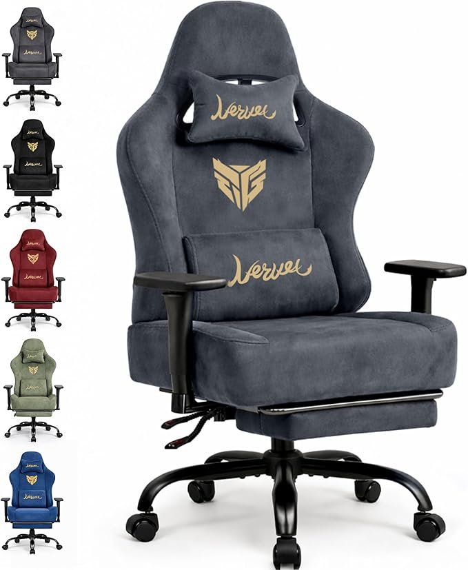 Chaise gaming ergonomique en tissu effet suédine – Accoudoirs 3D, dossier réglable, repose-pieds, charge 220 kg, grise