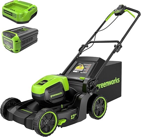 Greenworks Tondeuse sans fil 60 V 17 pouces – Moteur sans balais, 2-en-1 mulching et ramassage, batterie 4,0 Ah et chargeur 3 A inclus