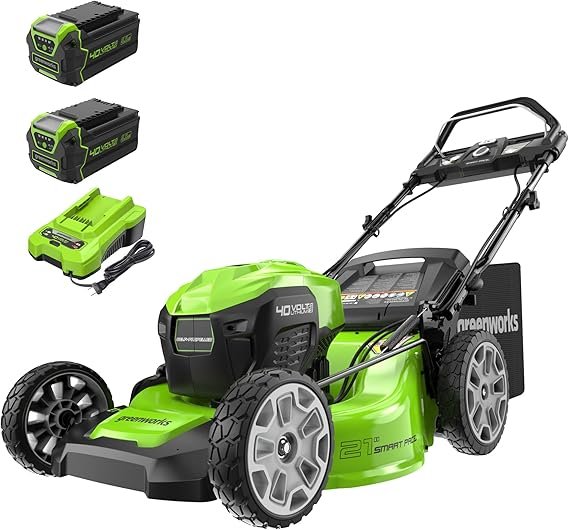 Greenworks Tondeuse sans fil 40 V 21 pouces autotractée – Moteur sans balais, Smart Pace, 2 batteries 4,0 Ah et chargeur inclus