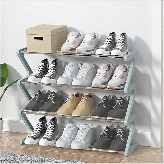 Meuble à chaussures métal 4 niveaux avec étagères tissu – Organisateur gain de place pour entrée, salon ou dressing