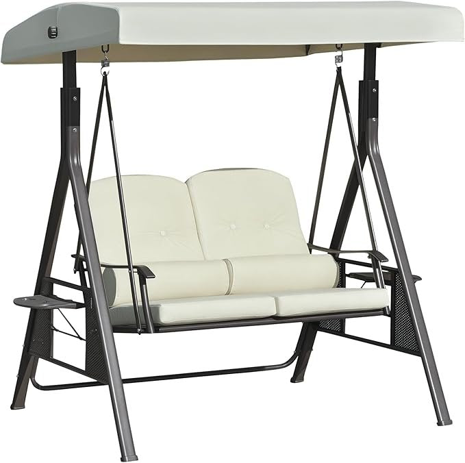 Outsunny Balancelle de jardin 2 places – Toit réglable, coussins, oreillers et tablette, beige