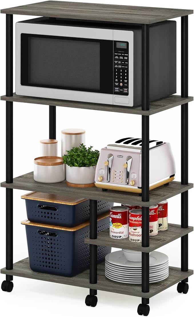 Furinno Turn-N-Tube Étagère de cuisine sur roulettes 4 niveaux – Montage sans outil, chêne gris/noir