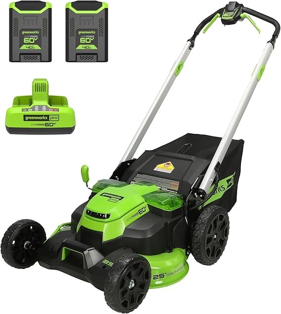 Greenworks Tondeuse sans fil 60 V 25 pouces – Autotractée, moteur sans balais, 2 batteries 4,0 Ah et double chargeur, jusqu’à 80 min d’autonomie