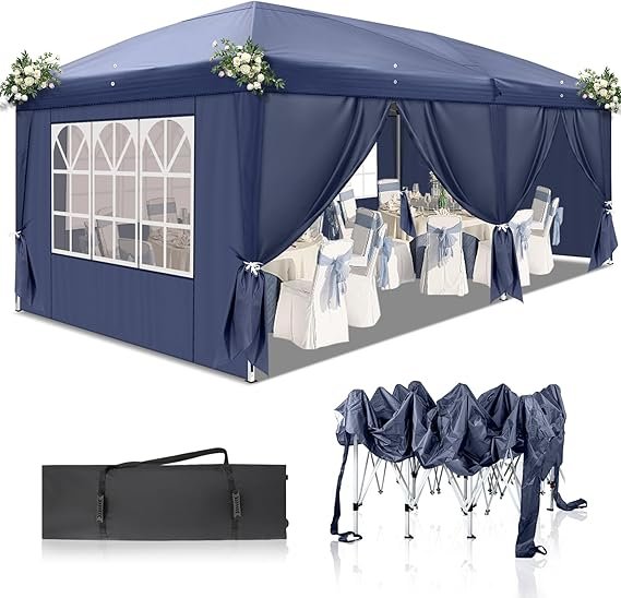 Tonnelle pliante 3 × 6 m – Tente de réception étanche, stable, résistante à l’hiver, UV 50+, Oxford 420D, hauteur réglable, bleue