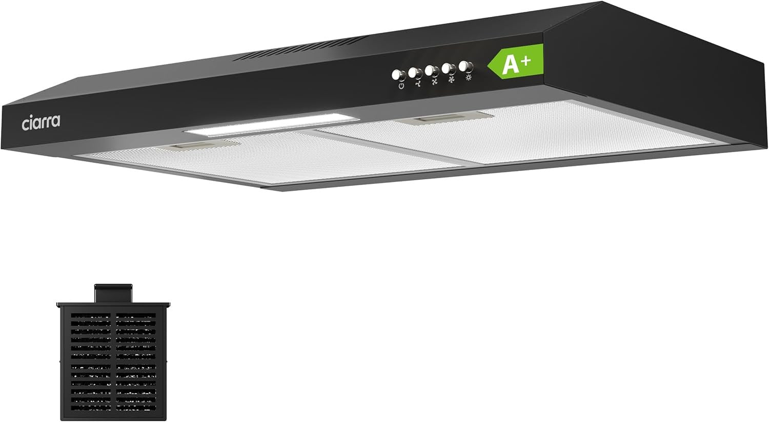 CIARRA CBCB6903D Hotte sous meuble 60 cm – Classe A+, 3 vitesses, évacuation/recyclage, filtre charbon CBCF009 inclus, noire