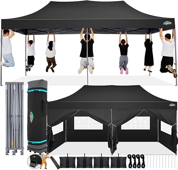 COBIZI Tonnelle pliante 3 × 6 m – Tente pop-up étanche avec parois, stable et résistante à l’hiver, sac de transport à roulettes, noire