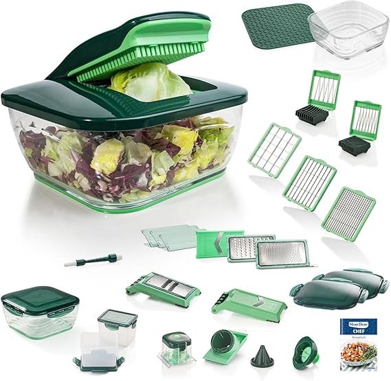 Genius Nicer Dicer Chef Coupe-légumes multifonction 34-en-1 – Mandoline, râpe à légumes professionnelle avec bol en verre, coupe-tomates, pour tranches, bâtonnets, lamelles, spirales & julienne