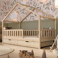 Crazy Pine Lit cabane avec tiroirs 200 × 90 cm – Bois naturel, barrière anti-chute amovible, lit Montessori au sol avec rangement, Crazy House 1