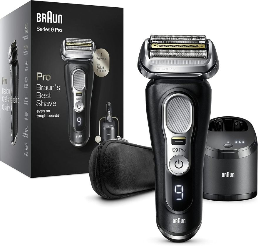 Braun Series 9 Pro Rasoir premium homme – Tête 4+1, tondeuse ProLift, PowerCase, station de nettoyage 5-en-1, autonomie 60 min, fabriqué en Allemagne, 9477cc, argent