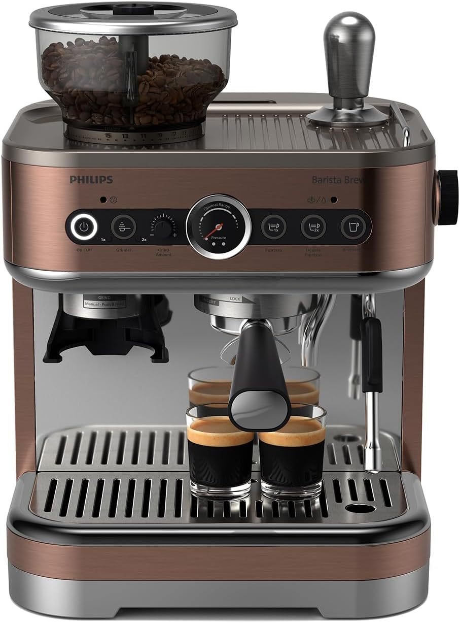 Philips Barista Brew Machine à espresso semi-automatique PSA3218/01 – Espresso simple/double, Americano, bac à grains 250 g, tassage calibré, argent métal