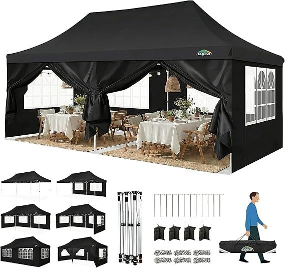 COBIZI Tonnelle pliante 3 × 6 m – Tente de réception étanche et résistante à l’hiver, protection UV, 6 parois latérales et 4 sacs de lestage, noire