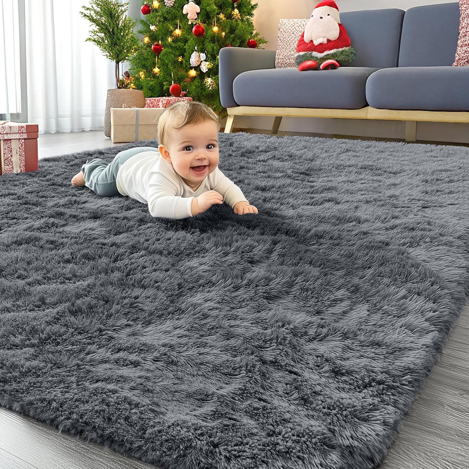 Homaxy – Tapis fluffy à poils longs gris foncé, lavable et antidérapant – 80 x 150 cm