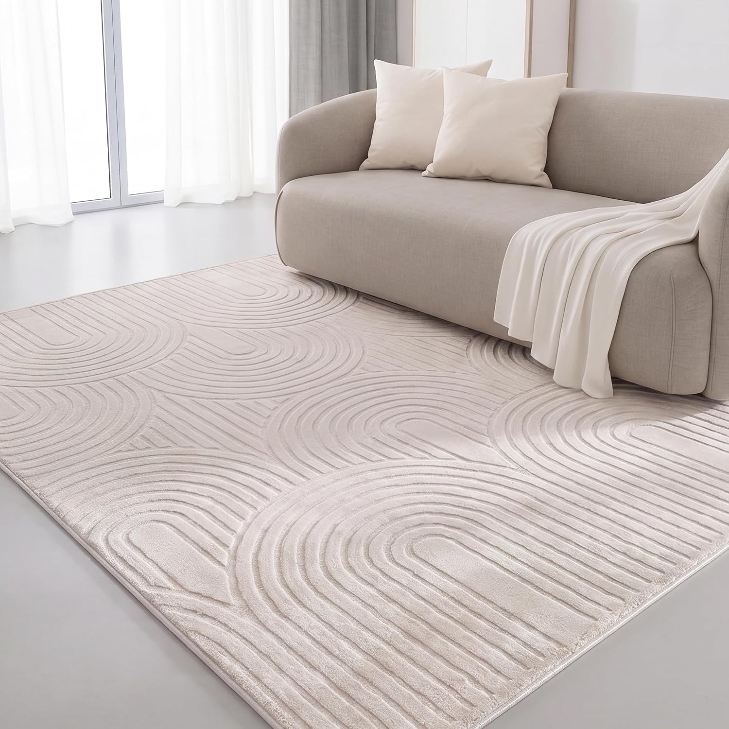 Interiyou Cannes – Tapis crème à poils courts avec motif géométrique et effet 3D – 120 x 170 cm