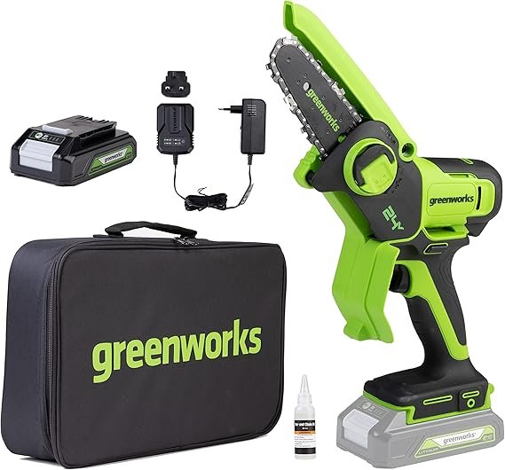 Greenworks Mini-tronçonneuse sans fil 24 V 10 cm (4 pouces) – Batterie 2 Ah, vitesse de chaîne 7,8 m/s, pour branches et travaux de jardin
