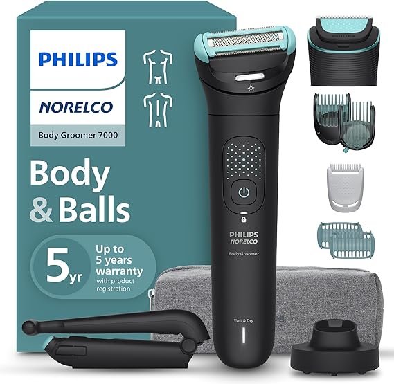 Philips Norelco Body Groomer 7000 Series – Tondeuse corps étanche pour hommes, avec étui de voyage, système Triple Protect Shave & tête flexible 2D (BG7490/50)