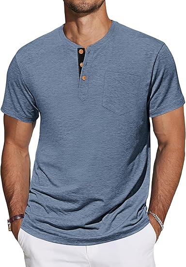 TARAINYA T-shirt Henley homme – Manches courtes, coton, patte boutonnée et poche poitrine, tailles M–4XL