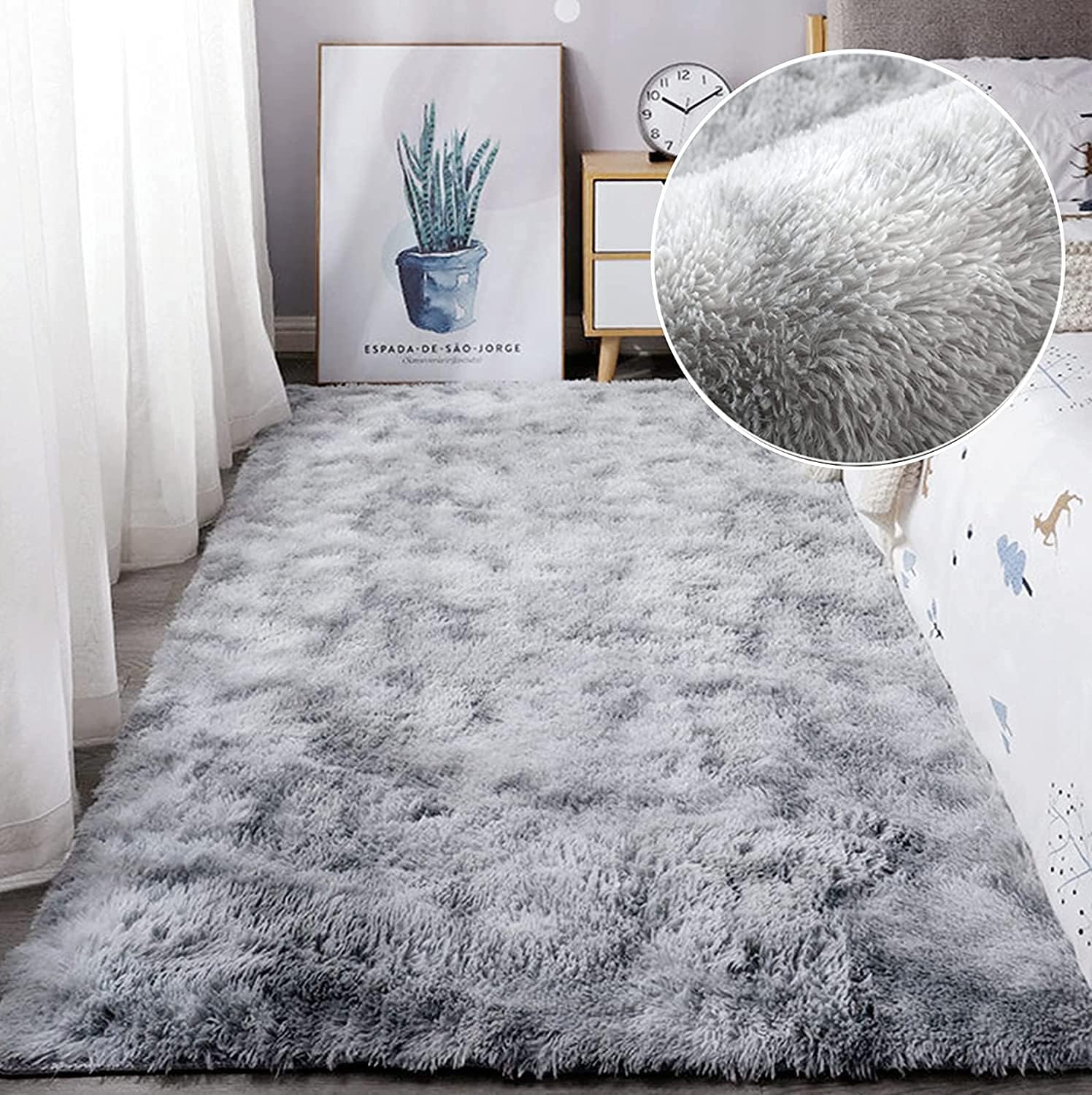 Tapis moelleux gris et blanc 80 x 120 cm – Tapis shaggy doux, antidérapant pour salon, chambre et chambre d’enfant