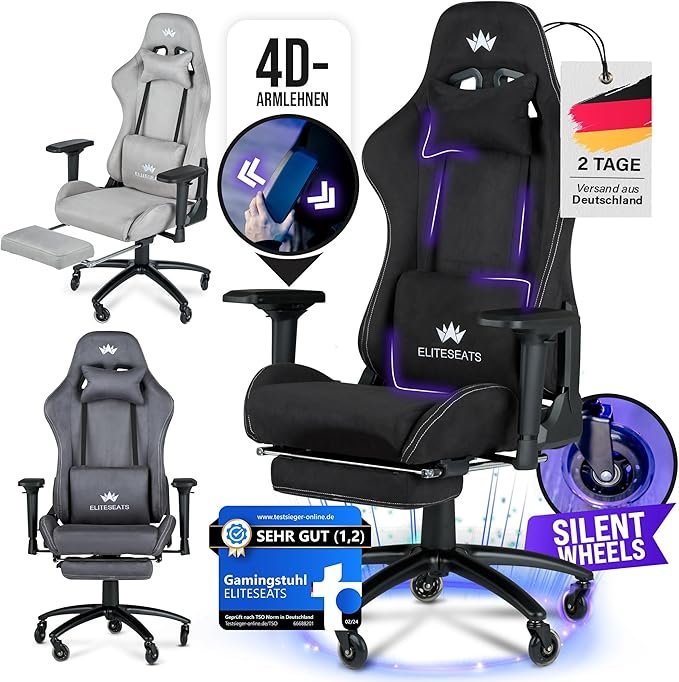 ELITESEATS Chaise gaming ergonomique primée – Tissu respirant, accoudoirs 4D, roulettes anti-rayures, repose-pieds, charge 150 kg