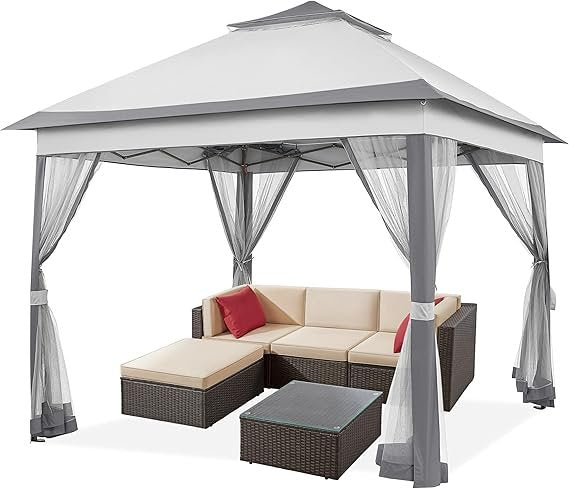 Yaheetech Tonnelle pliante 3,3 × 3,3 m – Étanche, hauteur réglable, moustiquaires, double toit, sac de transport, gris clair/foncé