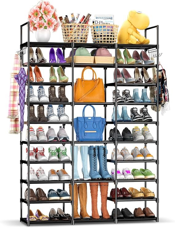 Kottwca Meuble à chaussures 3 à 10 niveaux – Empilable, jusqu’à 60-65 paires, cadre métal, étagères tissu et crochets