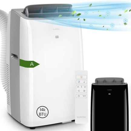 KLARSTEIN Grandbreeze Pro 14K Climatiseur mobile – Déshumidificateur, ventilateur, 3 vitesses, 14 000 BTU / 1,65 kW, 42-68 m², débit 460 m³/h, classe A, blanc