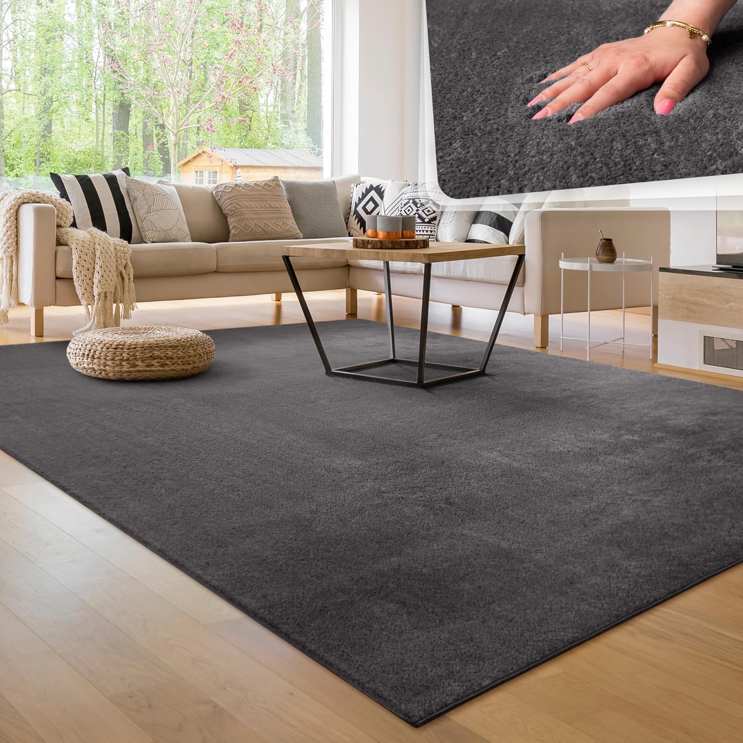 Paco Home – Tapis ultra doux anthracite à poils courts, lavable et antidérapant – 140 x 200 cm
