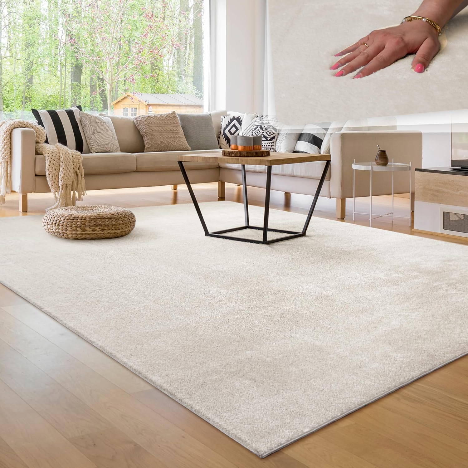 Paco Home – Tapis moelleux crème à poils courts, lavable et antidérapant – 140 x 200 cm