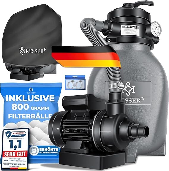 KESSER Système de filtration à sable – 700 g de balles filtrantes remplacent 25 kg de sable, débit 10 m³/h, réservoir pour piscine, gris