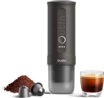 OutIn Nano Machine à espresso portable sur batterie – Chauffage électrique USB-C, 2-en-1 café moulu et capsules NS, voyage et camping