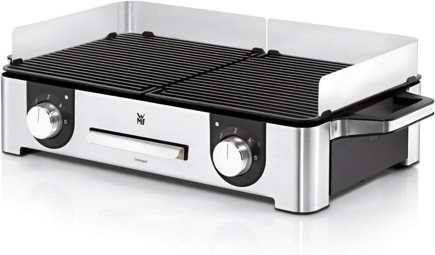 WMF Lono Master-Grill Barbecue électrique 50 × 28 cm – Grill de table avec pare-vent et bac récupérateur, certifié extérieur, 2 zones réglables séparément, 2400 W, inox mat