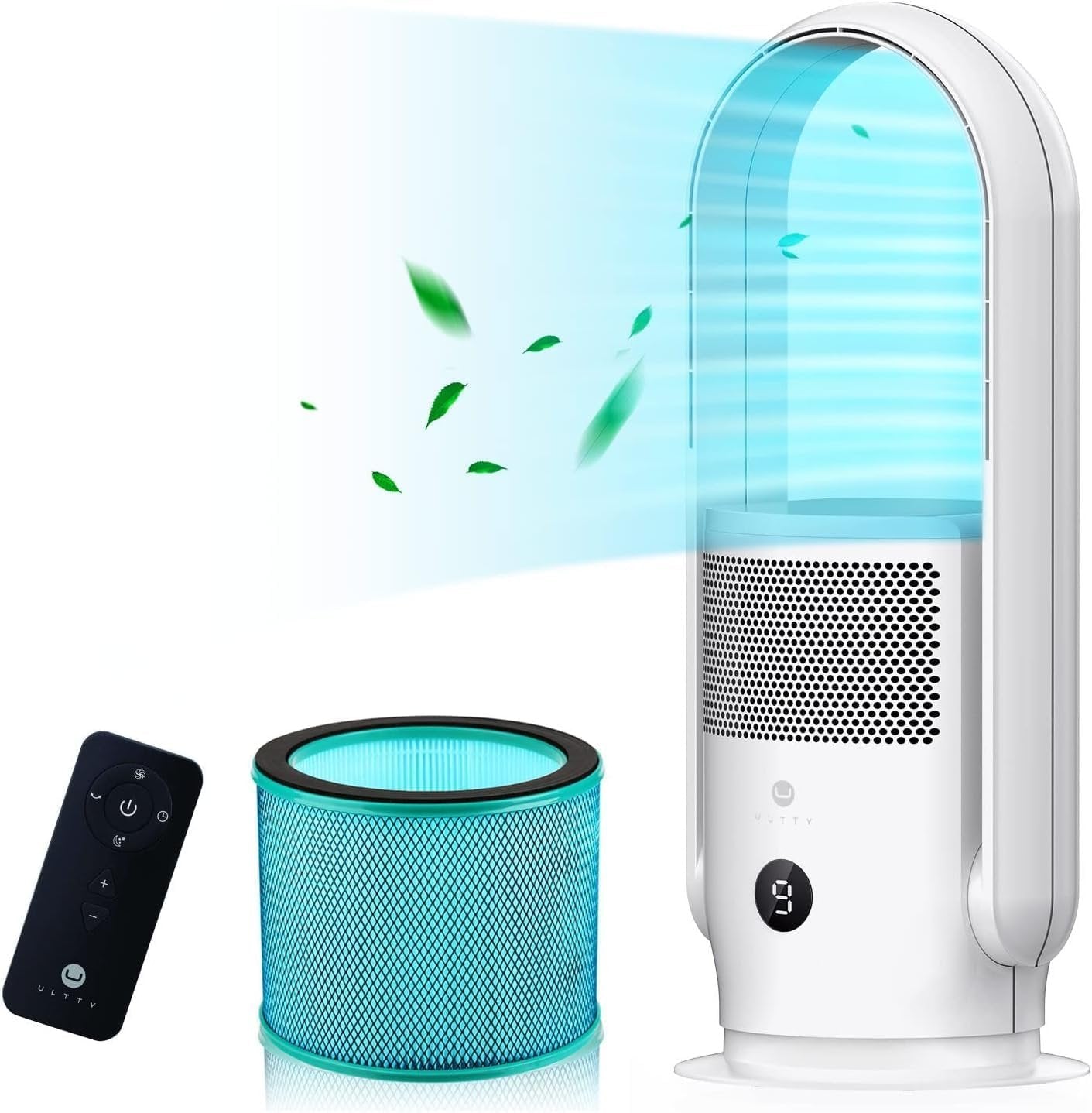 Ventilateur sans hélice avec purificateur d'air, Ultty ventilateur colonne silencieux avec télécommande, tactile, minuterie 8H, filtre HEPA 99,97%, 80cm, oscillation 90°